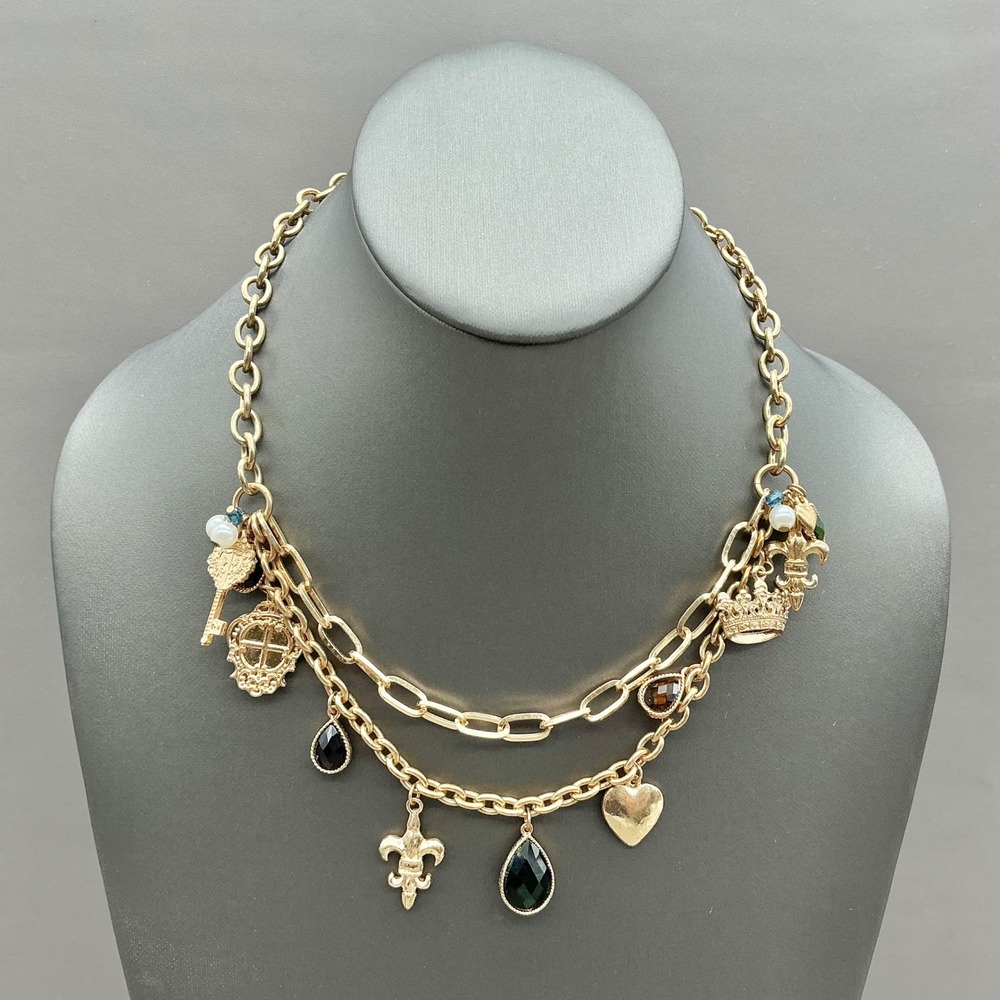 Cookie Lee Necklace Women Gold Tone Charm Fleur De Lis Heart Crown Key 18 Inch